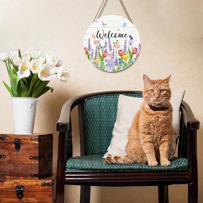 Welcome Spring Summer Tulip Flower Front Door Sign Spring Door Decorations Floral Wooden Hanging Sign Summer Door Hanger Tulip Wreath Wall Sign for Indoor Outdoor Porch Yard Garden Decor 12x12 Inch