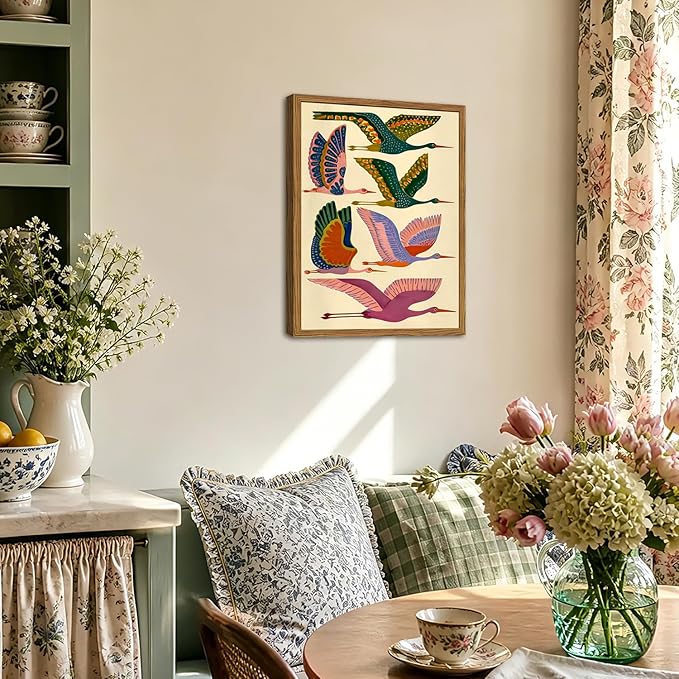 Framed Colorful Bird Wall Art, Vintage Flying Heron Pictures Wall Decor, Mid Century Modern Animal Paintings Canvas Prints Abstract Home Decor Aesthetic Artwork for Living Room Bedroom 16x24 inch