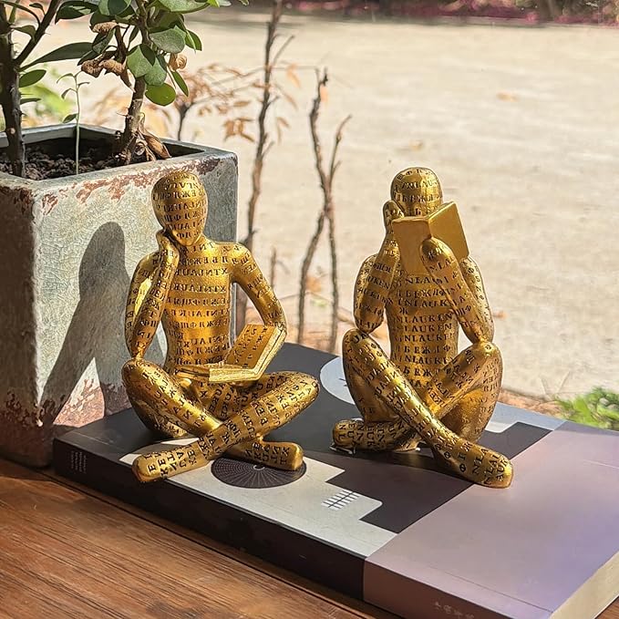 Antique Gold Reading Thinker Statue, Set of 2 Bookshelf Decor Abstract Art Thinker Sculptures, Modern Aesthetic Figurine Home Decoration Ornaments for Living Room Office Shelf Coffee Table Desk Decor