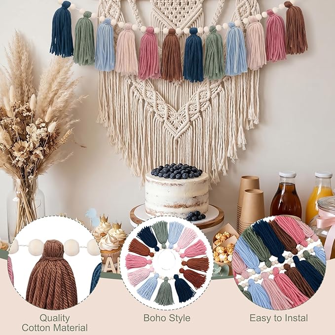 Breling 4 Pcs Boho Macrame Tassel Garland 188 Inch Boho Classroom Decor Hanging Tassel Garland Bunting for Nursery Room Birthday Party Bedroom Dorm Bohemian Wall Decorations for Home