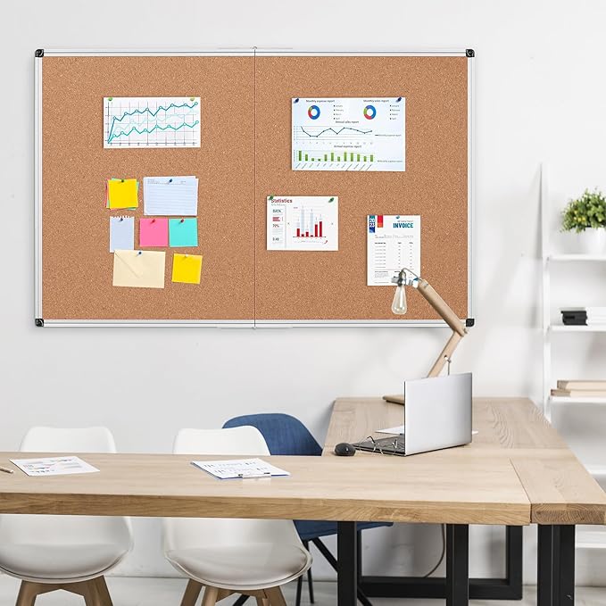 Extra Large Cork Bulletin Board 60" X 36", Foldable Notice Pin Board for Wall, Silver Aluminum Framed 5'x3' Corkboard, Wall Mounted Noticeboard with 36 Push Pins for School, Home & Office