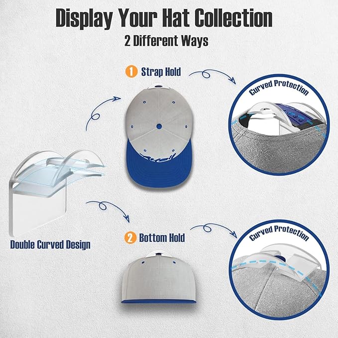 Hat Hangers for Wall, Stronge Adhesive Hat Holders Display, No Driling Caps Holder Organizer, 20 Pack Hat Hook for Baseball Caps, Wall Mounted Cap Rack, Clear