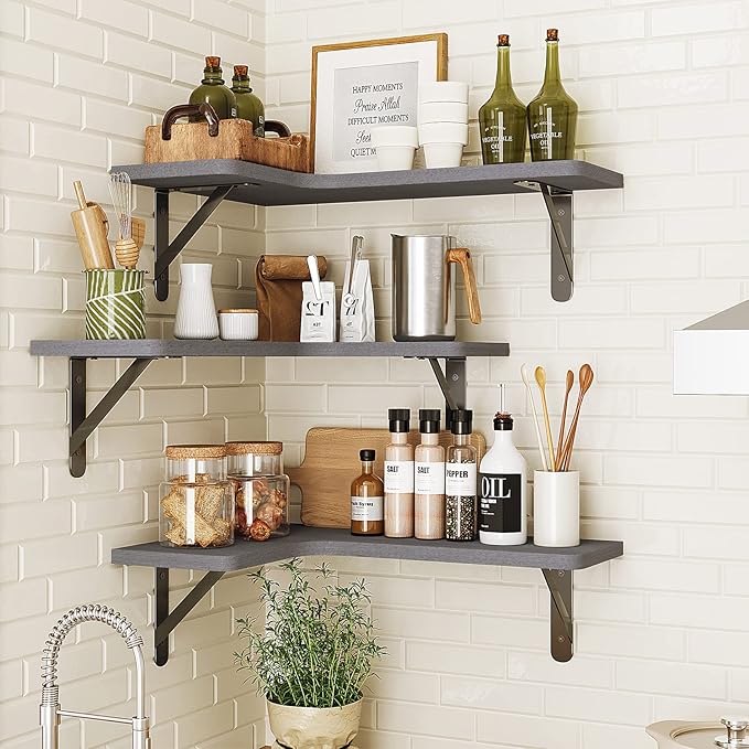 Fixwal Corner Floating Shelves Set of 5, Rustic Wood Wall Mounted Corner Shelf for Bathroom, Kitchen, Bedroom, Home Decor, Laundry Room, Living Room(Gray)