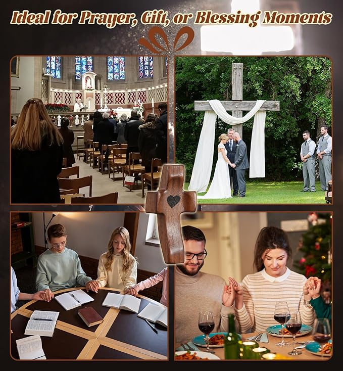 30Pcs Wooden Cross Fidget with Organza Bags Cross My Heart/ Encouragement Gift Handcrafted Walnut Pocket Cross Handheld Prayer Stress Relief Christian Faith Gifts Religious Easter Day Gifts (Brown）