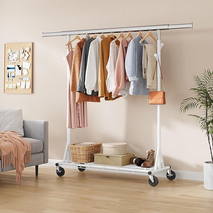Heavy Duty Clothes Rack, 530 lbs Load Capacity Metal Garment Rack on Wheels - Collapsible Adjustable Portable Storage with Hooks, White