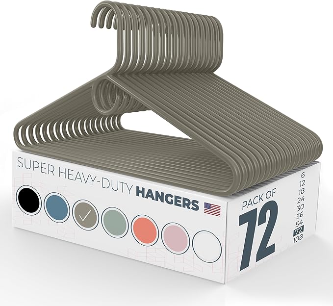 Neaties Super Heavy Duty Clothes Hangers 50+ Pack (72 Count) – Made in the USA - 10lb Capacity, Thick Plastic Hangers for Pants, Coats, Jackets, Jeans and Adult Clothing – Gray
