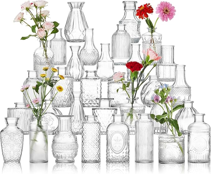 Glass Bud Vase Set of 32 Pcs, Vintage Clear Small Glass Vases for Flowers, Glass Bud Vases in Bulk, Mini Vase for Centerpieces, Wedding, Home Decor and Events