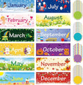 Zonon 48 Pieces Holiday Monthly Headliners Set 12 Months of The Year Headers Seasonal Monthly Bulletin Board Borders with 36 Round Blank Confetti Cutouts(Cute Style)
