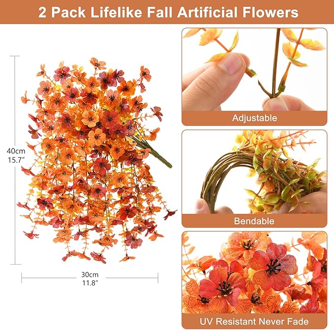 Artificial Fall Flowers for Outdoors, 2PCS Silk Fake Flowers Realistic Daisy Mums UV Resistant Porch Patio Window Yard Decor (Fall Orange)