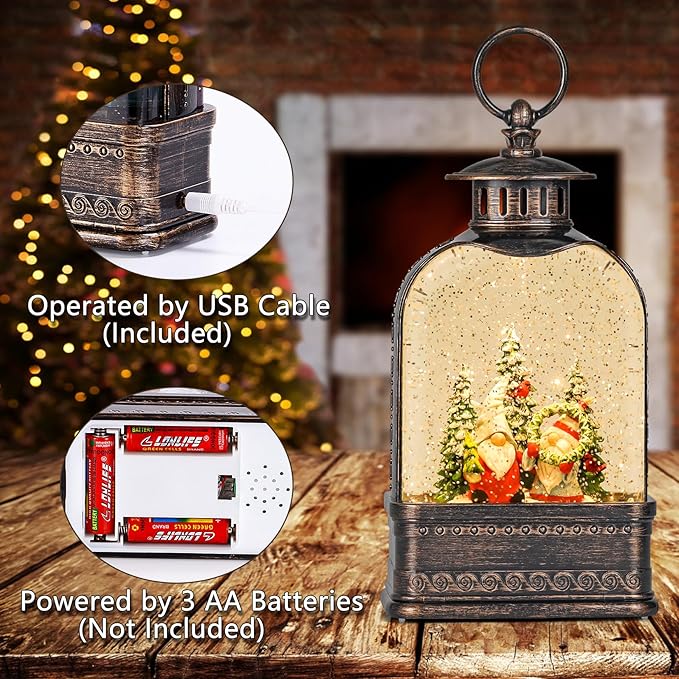 Christmas Snow Globe Decorations, Musical Glitter Gnome Lantern with 6H Timer, USB/Battery Powered Lighted Décor for Home, Tabletop, Gift Box