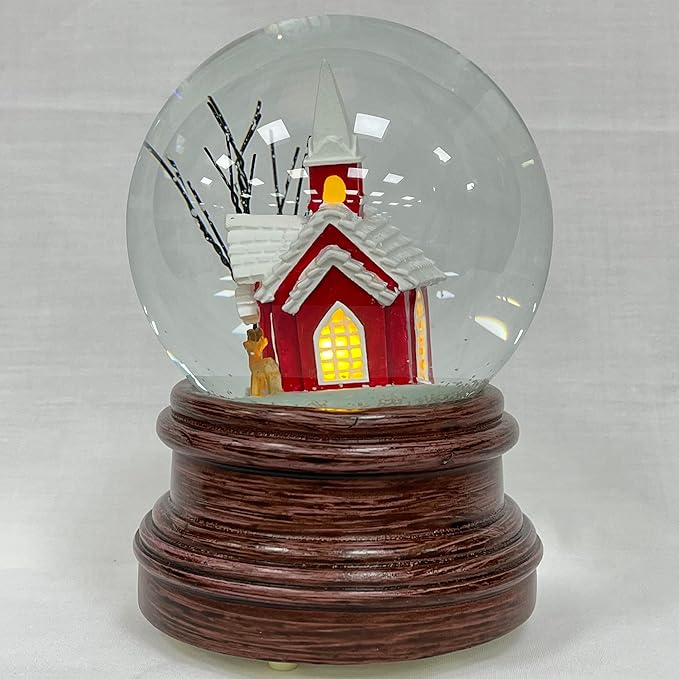 Ashfield & Harkness Sanctuary Church Decorative Snow Globe with Wind Up Music Box and LED Battery Operated Light