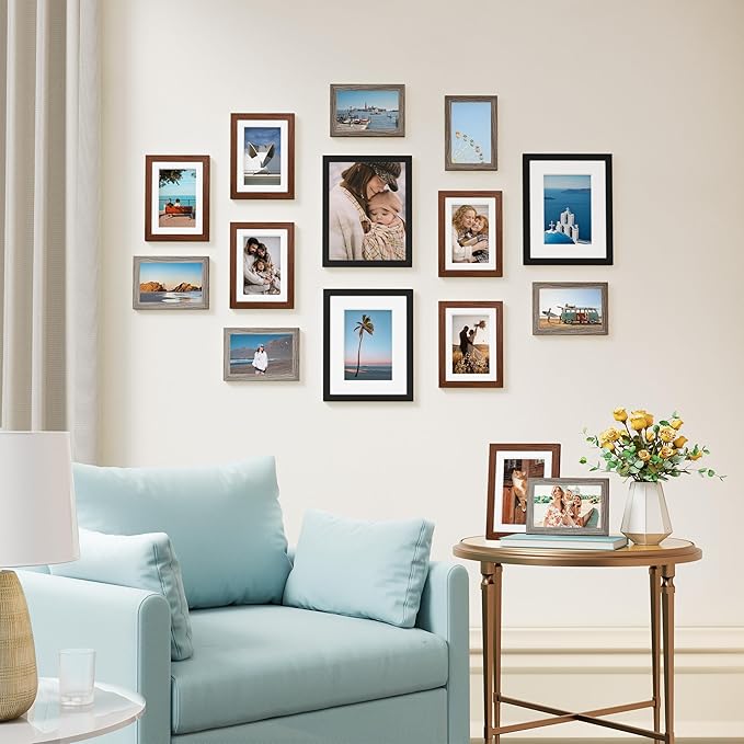 Vittanly 15 Pack Picture Frames Collage Wall Decor for Mounting or Tabletop Display, Gallery Frame Set Including 3pcs 8x10, 6pcs 5x7, 6pcs 4x6, Black, Walnut Brown and Dark Grey
