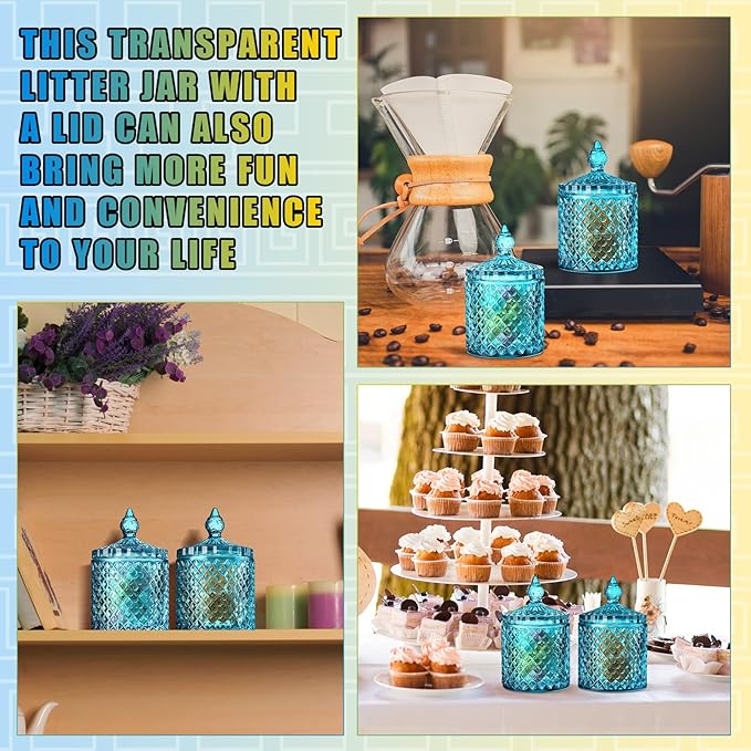 Aoriher 4 Pcs Crystal Glass Candy Jar Set with Lids Home Decorative Storage Jars for Apothecary, Bathroom, Kitchen, and Pantry, Ideal for Cotton Swabs and Jewelry(Medium,Mist Blue)