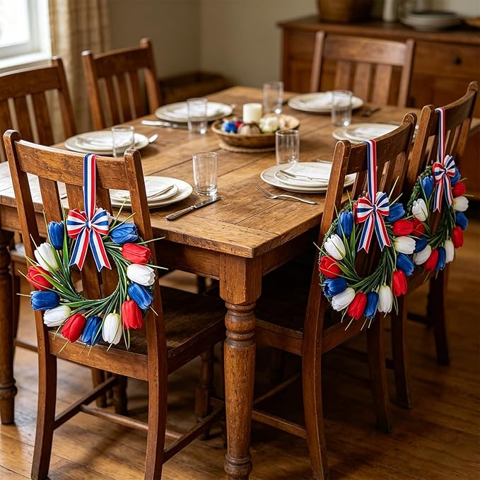 6 PCS 4th of July Hanging Wreaths for Cabinet Small Patriotic Tulip Silk Independence Day Wreaths for Front Door with Red White and Blue Flower Memorial Day Labor Day Candle Wreath for Home Wall Decor
