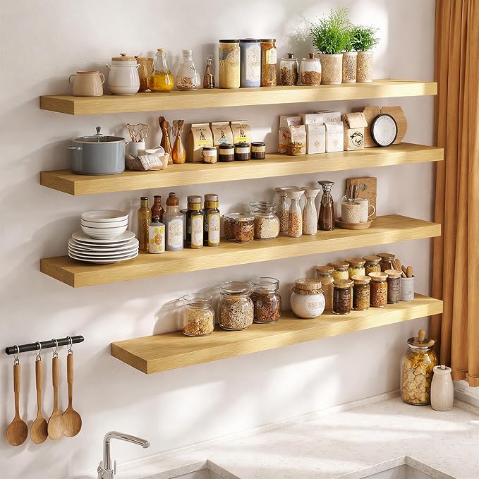 FLYJOE 36 Inch Long Floating Shelves for Wall Set of 2, 12" D Wood Grain Bathroom Shelves with Invisible Brackets, Easy Install Engineered Wood Storage Shelves for Kitchen, Living Room, Bedroom