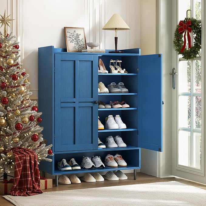 Blue 7+1 Tier Farmhouse Shoe Storage Cabinet - 45" Tall Entryway Organizer with Cross Molding Doors, 3 Adjustable Shelves & Metal Legs, Shoe Rack for Front Door Entrance