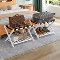 Smuxee Fully Assembled White Luggage Rack Pack of 2, Bamboo Foldable Suitcase Stand with 5 Nylon Straps, Luggage Holder with Shelf for Guest Room Bedroom Hotel