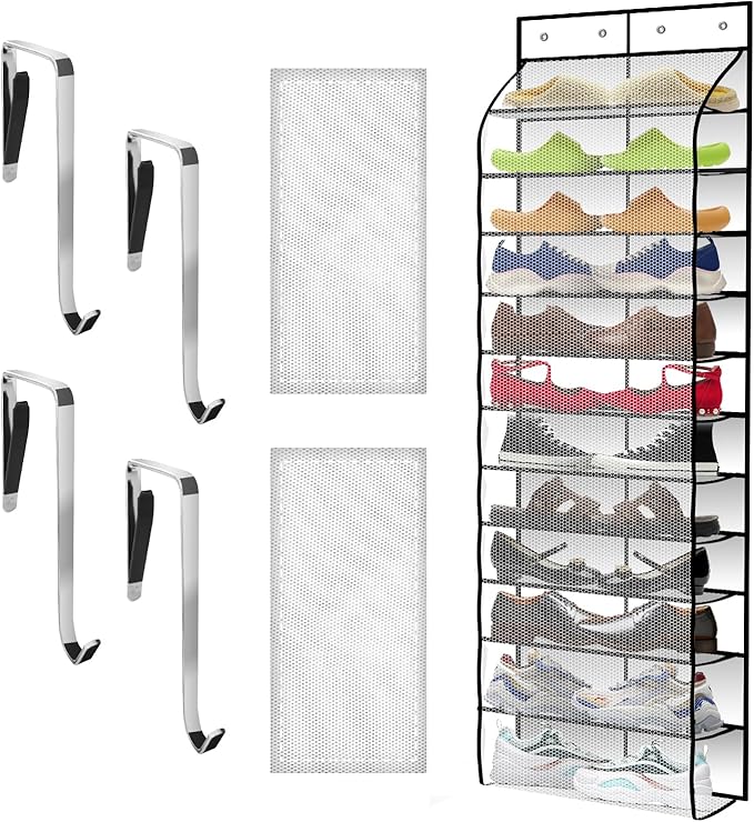 Over The Door Shoe Organizer with 12 Large Breathable Pockets - Durable Hanging Storage for the Entire Family's Shoes (White)