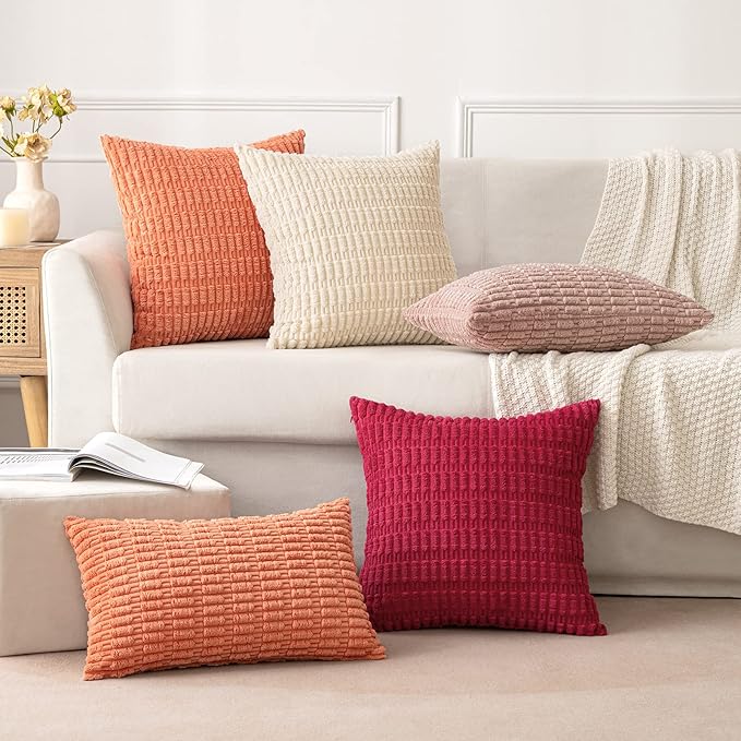 MIULEE Pack of 2 Corduroy Decorative Euro Sham Throw Pillow Covers 22x22 Inch Soft Boho Striped Pillow Covers Modern Farmhouse Home Decor for Summer Sofa Living Room Couch Bed Coral