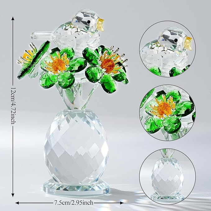 Crystal Bird & Forget-Me-Not Flower Figurine,3x4 inch Glass Flower Collectible Ornaments for Home Decor Table Centerpiece Glass Bouquet Flowers Keepsake Gifts for Women （Green）