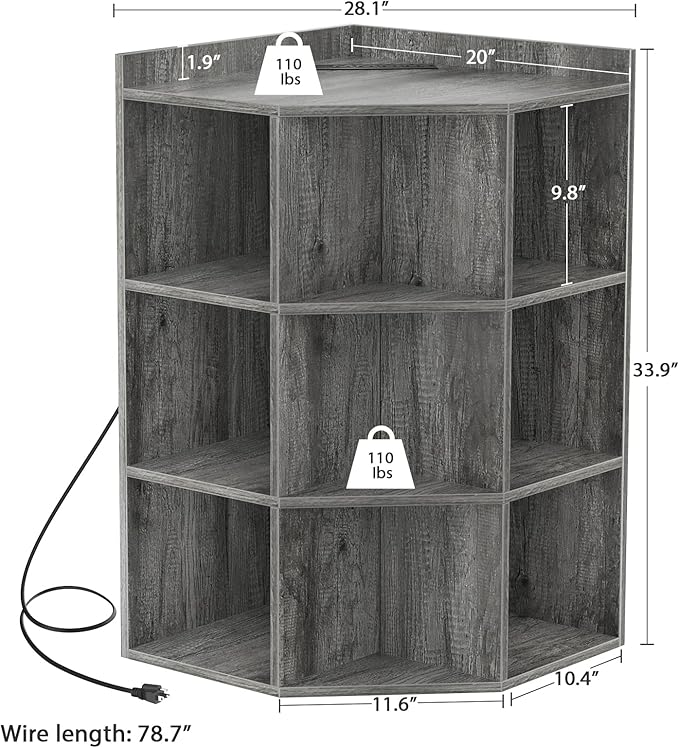 Aheaplus Corner Cabinet, Corner Storage with USB Ports and Outlets, Corner Cube Toy Storage for Small Space, Wooden Cubby Bookshelf with 9 Cubes for Playroom, Bedroom, Living Room, Grey Oak
