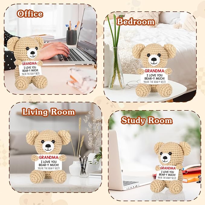WELLBANEE Mothers Mom Day Gifts for Grandma, Bear Birthday Gifts for Grandma from Granddaughter Grandson Grandkids, Nana Gigi, I Love You Handmade Emotional Positive Crochet Bear Decor