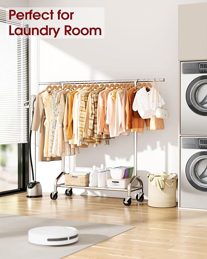 Heavy Duty Clothes Rack - Garment Rack with Extendable Side Rods & Bottom Shoe Shelf, 25mm Stainless Steel Frame with Wheels, 49.8–74.8'' x 62.6'' x 16.5'', Silver