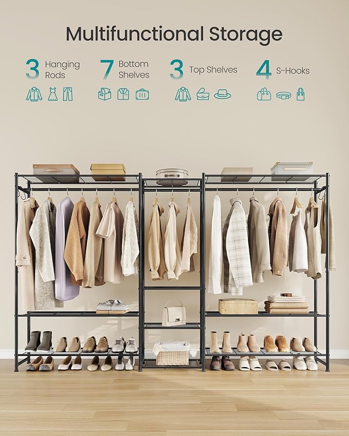 SONGMICS Portable Closet Wardrobe, Heavy-Duty Clothes Rack, Freestanding Clothing Rack with 10 Shelves, 3 Hanging Rods, 4 S‑Hooks, Metal Frame, for Bedroom, Entryway, Living Room, Black ULGR011BZ03S