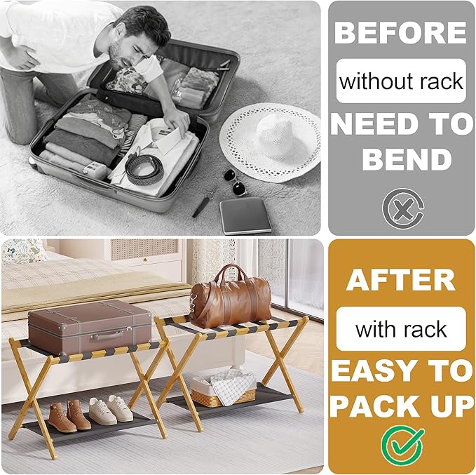 2 Pack Bamboo Luggage Rack for Guest Room, 26.77" Folding Wide Suitcase Stand with Fabric Storage Shelf, Thickened Luggage Stand Holder for Bedroom Hotel, Luggage Rack for Suitcases (2 Pack - Natural)