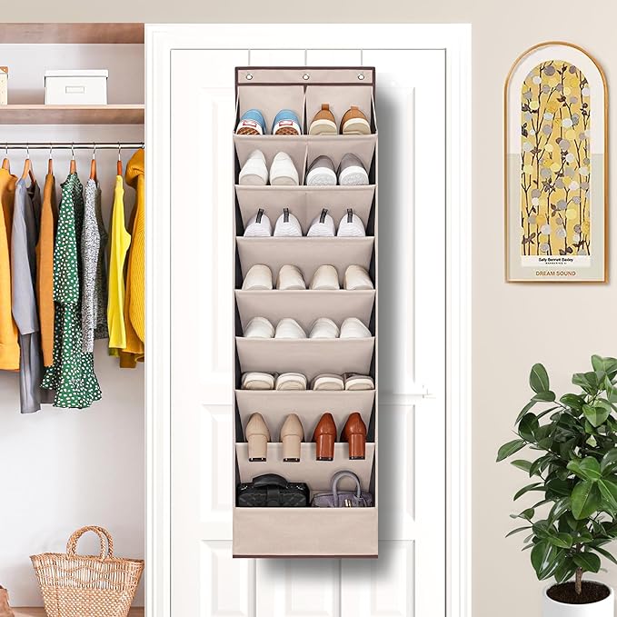 2 Pack Shoe Organizer with 6 Extra Large Pockets and 4 Large Pocket, Over the Door Sturdy Closet Storage Rack, Hanging Shoe Organizer for Shoes, Sneakers, Beige