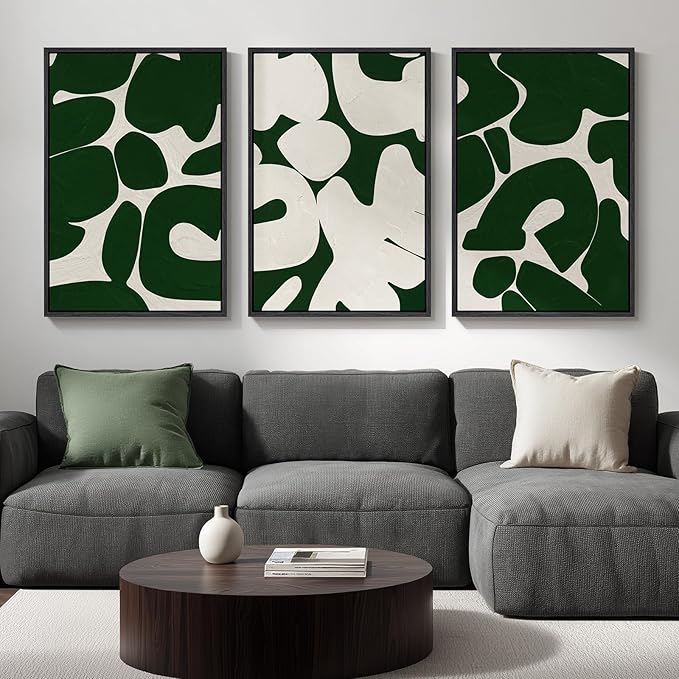 Large Framed Green and White Abstract Wall Art for Living Room, Set of 3 Minimalist Canvas Prints Paintings Artwork for Walls, Mid-Century Modern Pictures for Entryway, Hallway Wall Decor 24x36 In