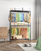 Clothes Rack - 45.2" x 12.2" x 79.5" Clothing Rack with Shelves & Wheels, Multi-Functional Wardrobe Closet with Hooks, Sturdy Metal Garment Rack for Bedroom, Laundry, Balcony (Black)