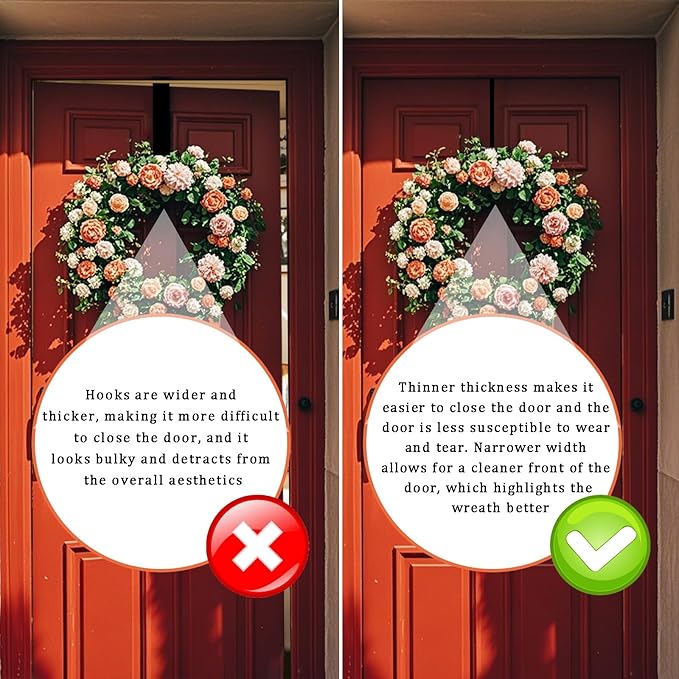 15" Wreath Hangers for Front Door,2 Pack Wreath Door Hanger,Non Scratch Over The Door Hooks Halloween Christmas Easter Decorations Welcome Sign for Front Door Décor, Slim Hangers