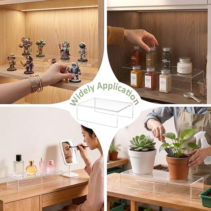 Acrylic Shelf Riser 6x4.3x2 pack of 2, Clear Display Shelf 6” for Figure, Cosmetics, Bags, Shoes, Toys, Collectibles, 6x4.3x2 Inch