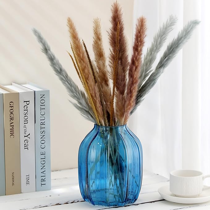 Blue Glass Vase for Flowers Bud Tall Glass Vases,H-8.0" Simple Striped Design for Home Floor Decor,Farmhouse Decor, Centerpiece Coffee Table Decorations (Blue 8.0IN)