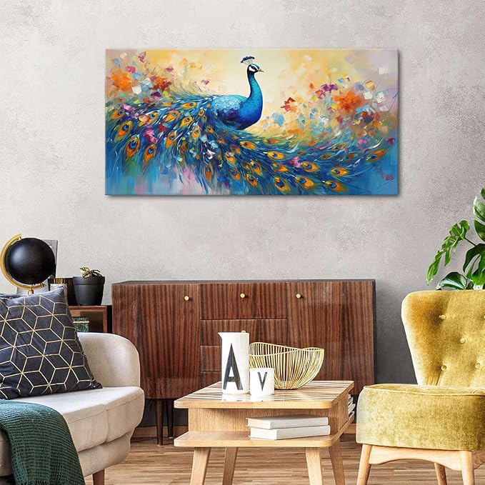 Abstract Peacock Wall Art Colorful Peacock Pictures Wall Decor Abstract Bird Canvas Poster Watercolor Animal Prints Painting Vintage Framed Artwork for Living Room Bedroom Home Decorations 24x48