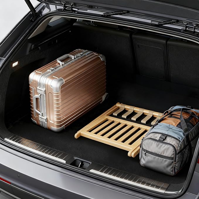 Full Assembled 26.77"L Luggage Rack for Guest Room, Set of 2 Foldable Suitcase Stand with 5 Nylon Straps, Luggage Holder with Shoe Shelf for Suitcases Hotel (Natural Wood Bamboo Luggage Stands)