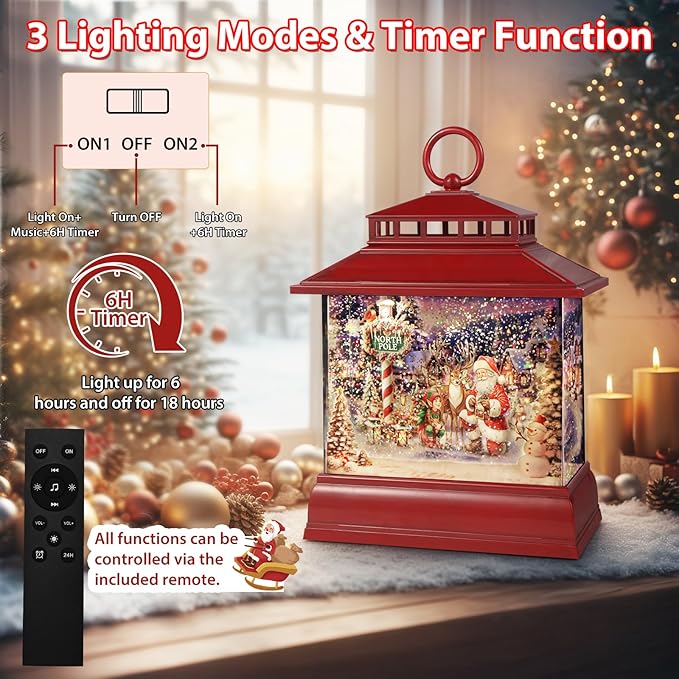 Christmas Snow Globe Lantern Water Glittering Lantern with 8 Songs & 6H Timer Romote Control Christmas Snow Globes USB & Battery Operated for Christmas Festival Decorations Gifts (Santa and Reindeer)
