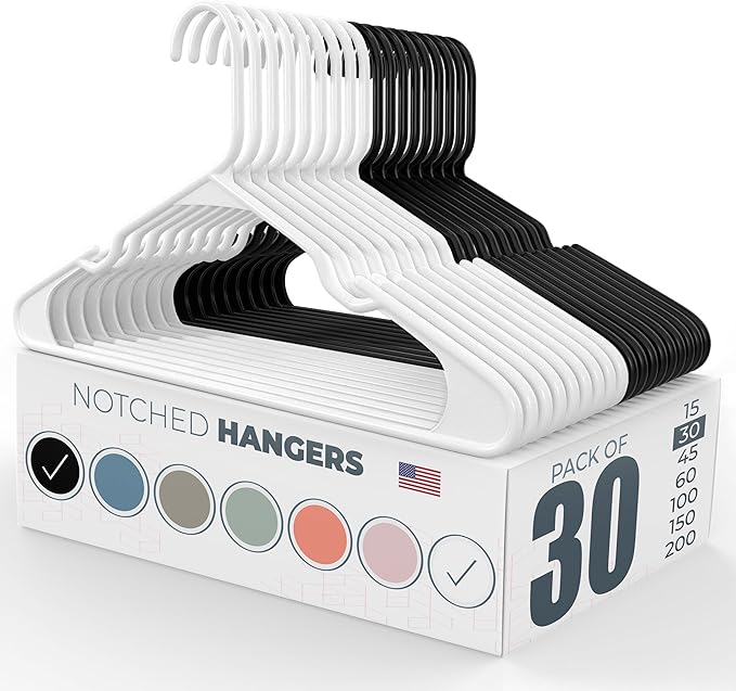 Neaties Plastic Hangers 30 Pack – Made in The USA – 6lb Capacity Standard Clothes Hangers with Notches and Reinforced Edges for Dresses, Lingerie, Shirts, Pants, and Jackets – White & Black