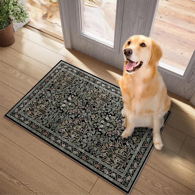 Floral Entryway Rug, 2x3 Kitchen Rugs Non Slip Washable Traditional Design Vintage Floral, Soft Door Mat Indoor Entrance, Ultra-Thin Easy Clean Small Throw Carpet for Bedroom Bathroom