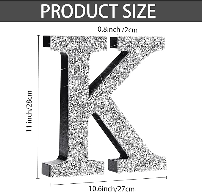 Qunclay 12'' Silver Crystal Diamond Bling Letters Crushed Diamond Decoration Wooden Glitter Letter with Screw and Hooks Rhinestone Gift for Wedding Y2k Mcbling Bedroom Wall Decor (Letter K)