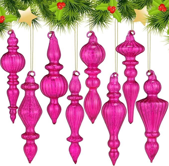 Mifoci 8 Pcs 6 Inch Mercury Glass Finial Christmas Ornaments Hanging Christmas Finials Glass Ornaments Assorted Mercury Decor for Vintage Holiday Xmas Tree Decoration (Hot Pink)