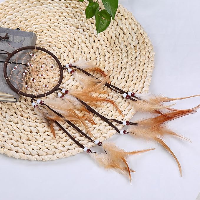 Handmade Dream Catchers Wall Decor,Boho Feather Dreamcatcher with Natural Elements,Unique Home Decor Gift for Bedroom, Living Room (Brown 19.7in)