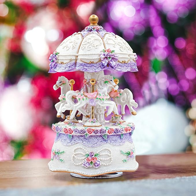 Carousel Music Box，Luxury Color Change LED Light Music Box,Luminous Rotating 3-Horse Musical Box with Gift Box for Girls Birthday Valentine Gift (Castle in The Sky, Purple)