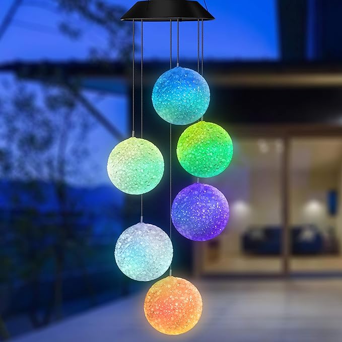 Color Changing Solar Power Wind Chime Spiral Spinner Crystal Ball Wind Mobile Portable Waterproof Outdoor Decorative Romantic Wind Bell Light for Patio Yard Garden Home (Crystal Ball)