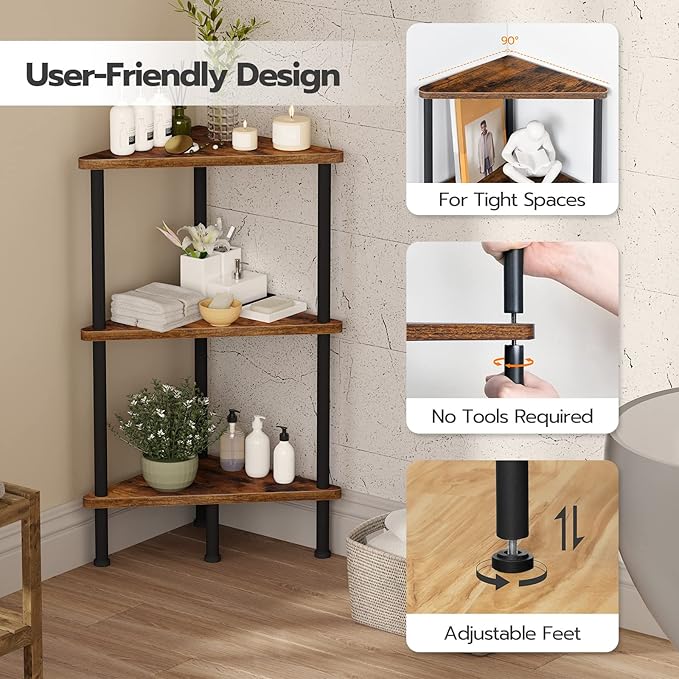HOOBRO Corner Shelf Stand, Industrial 3-Tier Corner Bookshelf with Metal Frame, Plant Display Shelf, Small Bookcase for Small Spaces, Living Room, Rustic Brown and Black BF30CJ01