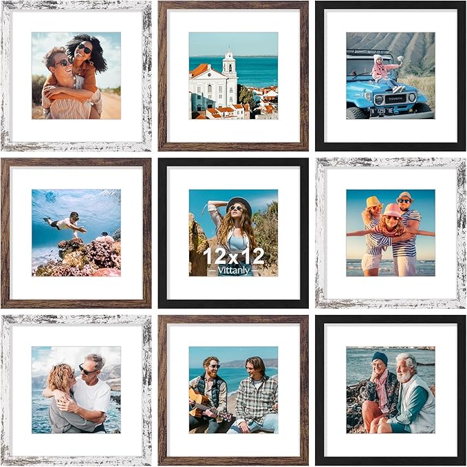 Vittanly 12x12 Picture Frames Set of 9, Display 8x8 Pictures with Mat or 12x12 without Mat, Photo Frames for Wall Mount, Engineered Wood, Black&Brown&Distressed White