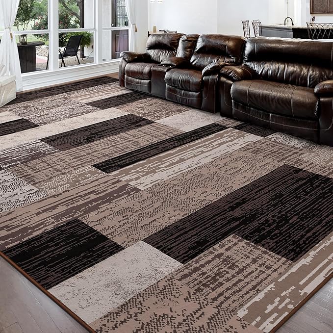 FlyDOIT Modern Geometric Patchwork Area Rug, 9x12 Chocolate Large Rugs for Living Room, Rockwood Collection Indoor Rugs for Bedroom, Throw Carpet Floor Decor for Entryway Dining Room Office Nursery