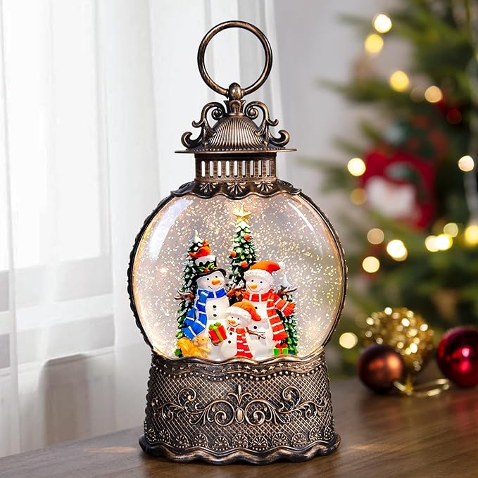 Christmas Snow Globes Lantern with Music, Snowman Snow Globes with Swirling Glitter Effects, USB/Battery Powered with 6-Hour Timer, Christmas Decorations