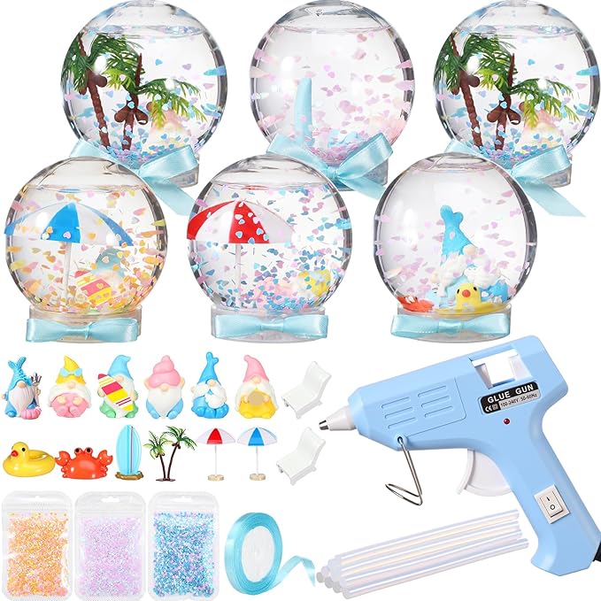6 Set Beach Summer Snow Globe Craft Kit DIY Coastal Snow Globes with Ocean Gnomes, Glue Gun, Glitter & Ribbon for Summer Coastal Beach Party Favor